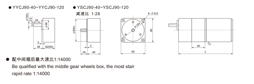 25W～120W附中间齿轮箱齿轮减速电机外形尺寸2